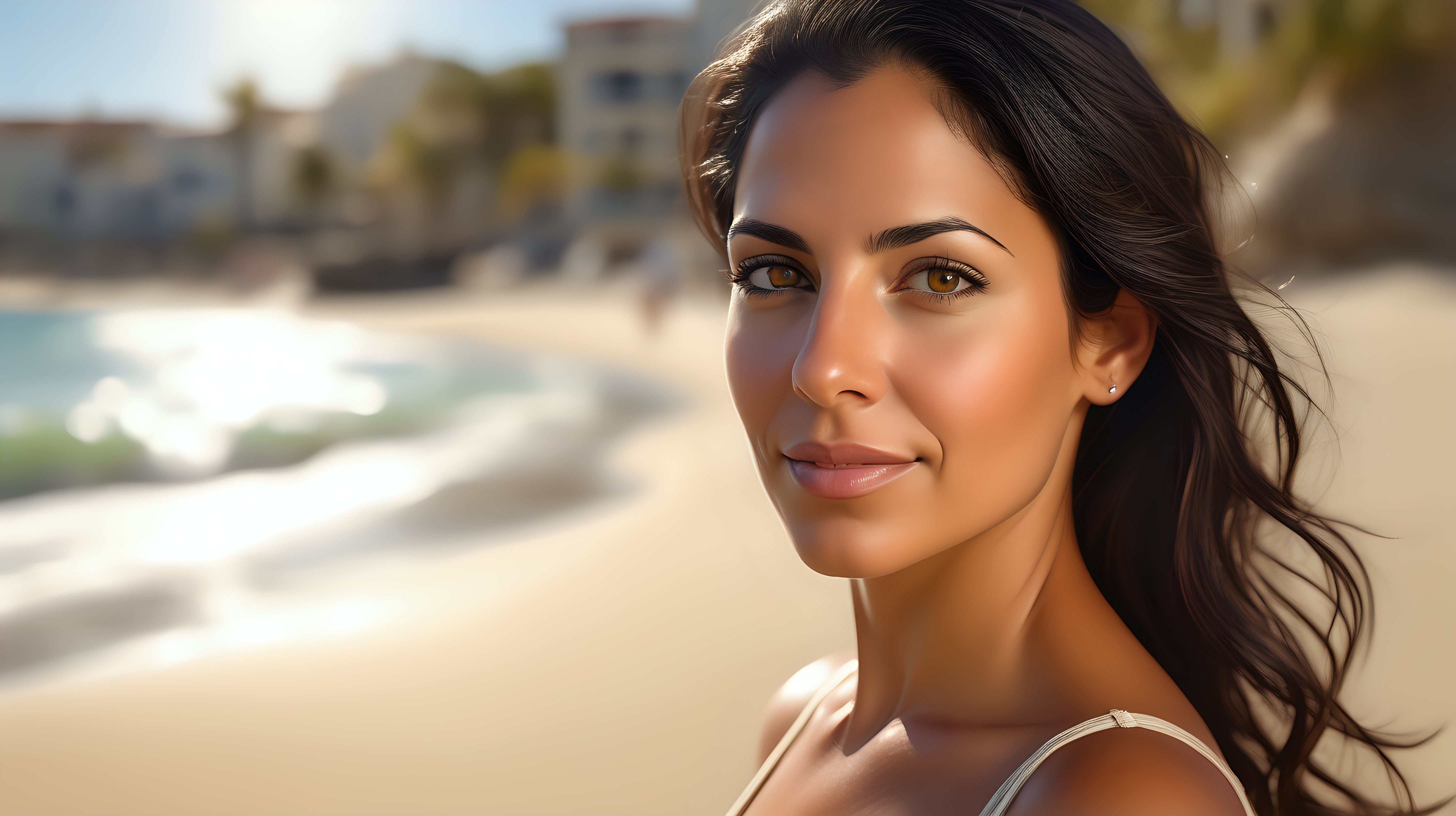 A 35 yo latin woman in a delightful afternoon. This portrait is the best representation of female beauty, shiny dark hair, hazel eyes, perfect olive skin ina beach, Extremely realistic textures and warm colors give the final touch. Sharp focus and realistic shadows add to the scene.
