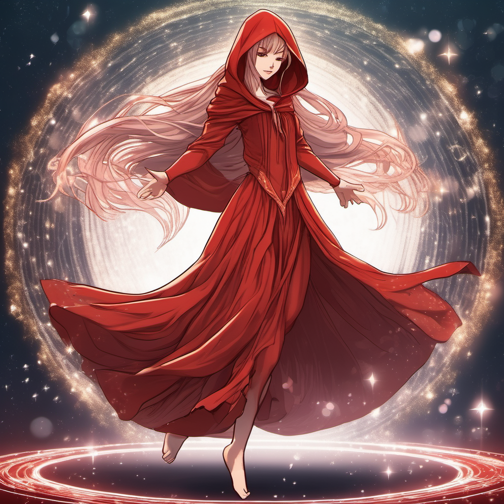 in anime manga style, a full body head to toe image of a female elven traveler dressed in a long red dress with a hood, dancing similar to ballet, long hair that shimmers with glitter