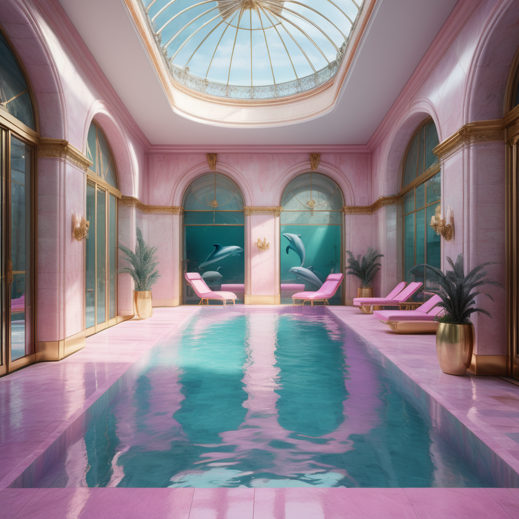 hyperrealistic image of modern Parisian  indoor pool, sunbeds, in an aqua, pink, lilac and brass colour palette, limestone pavers, floor to ceiling windows, mermaids, dolphins