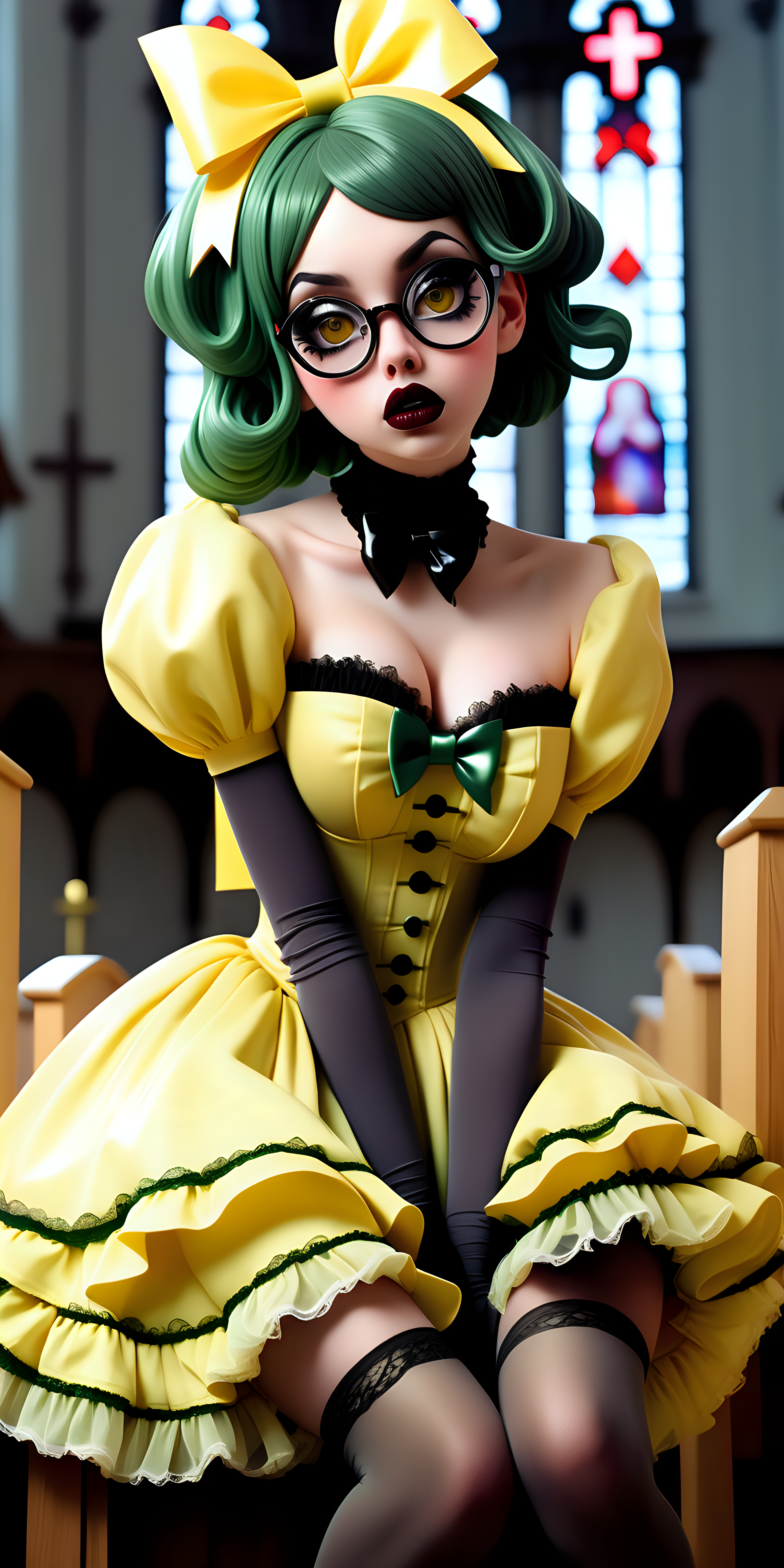 Anime woman with dark green hair and large lips with glossy dark brown lipstick and heavy makeup wearing a frilly yellow ball gown, black stockings, glossy yellow heeled mary jane shoes, lots of bows and lace, wearing glasses. Nervous expression. Sitting nervously in an empty church