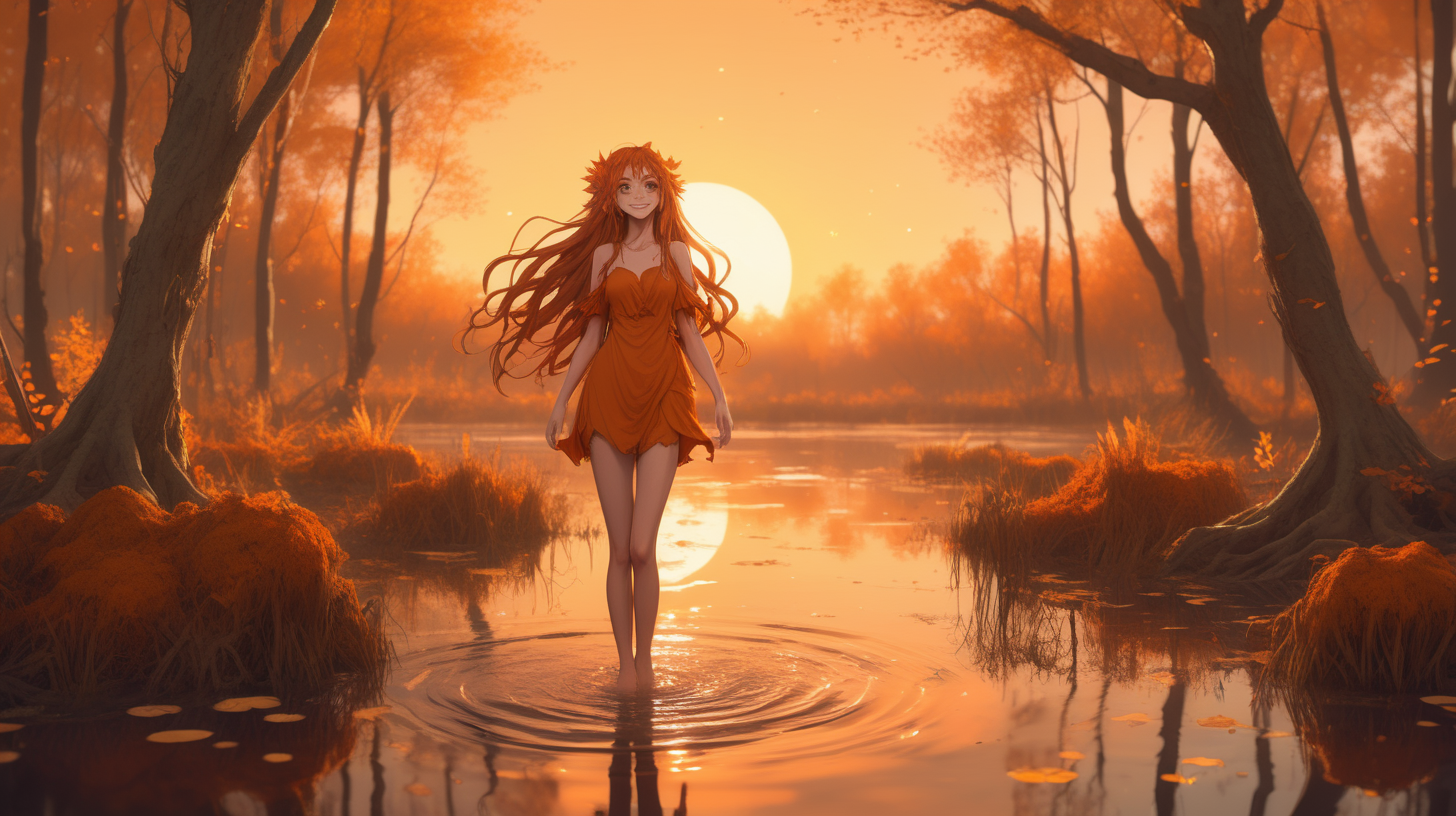 Orange sunset themed beautiful cute comforting shy dryad waifu in an autumn swamp smiling freckles amber eyes majestic happiness long hair  full body walking on water