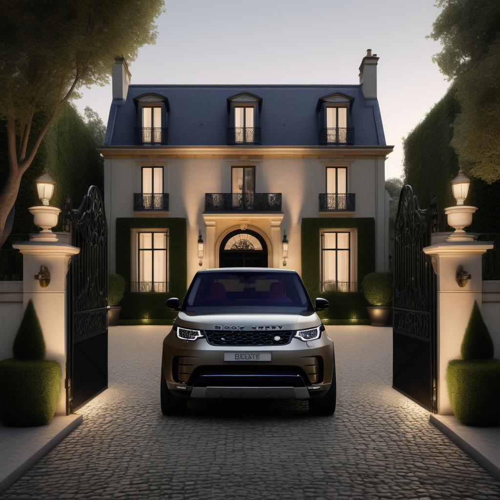 a hyperrealistic of an elegant Modern Parisian estate home exterior with mood lighting, a cobblestone driveway with a black Range Rover 2023 Discovery parked in it behind black wrought iron gates with lush gardens, in a beige oak brass and black colour palette 
