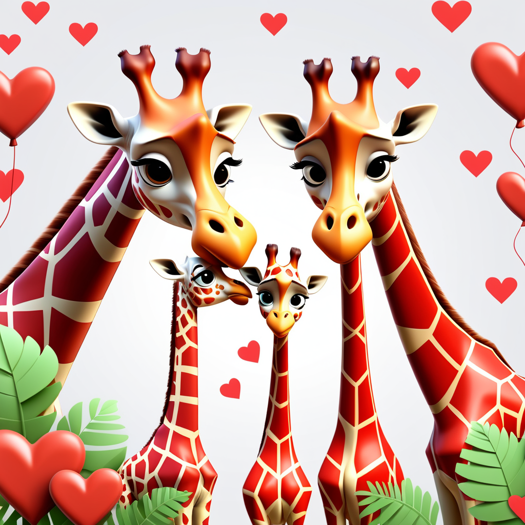 /envision prompt: "Sweet Pixar 3D Giraffe Family Valentine" clipart showcasing giraffes exchanging heart-shaped leaves in a heartwarming family moment against a clean white background. The scene captures the charm of safari animals celebrating love. --v 5 --stylize 1000