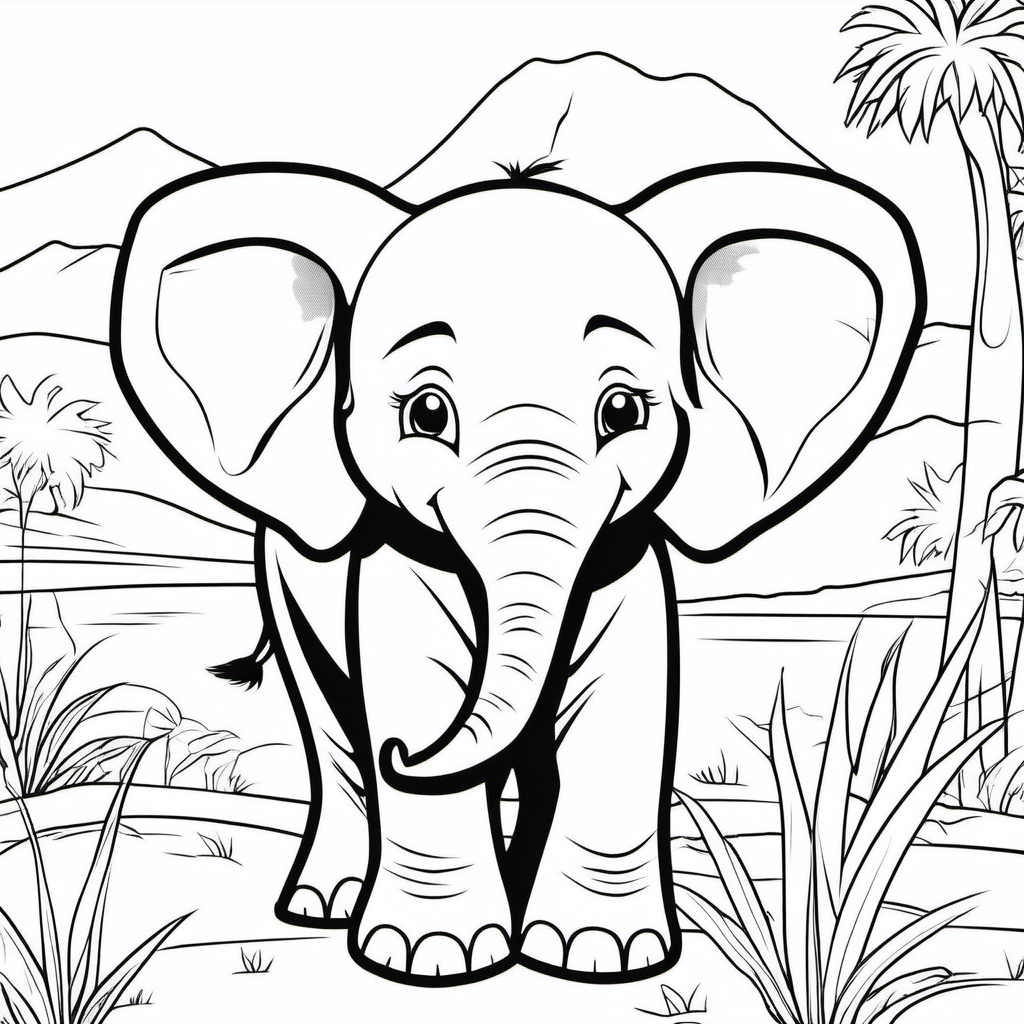 a baby elephant in the sabana on  a coloring page for kids 