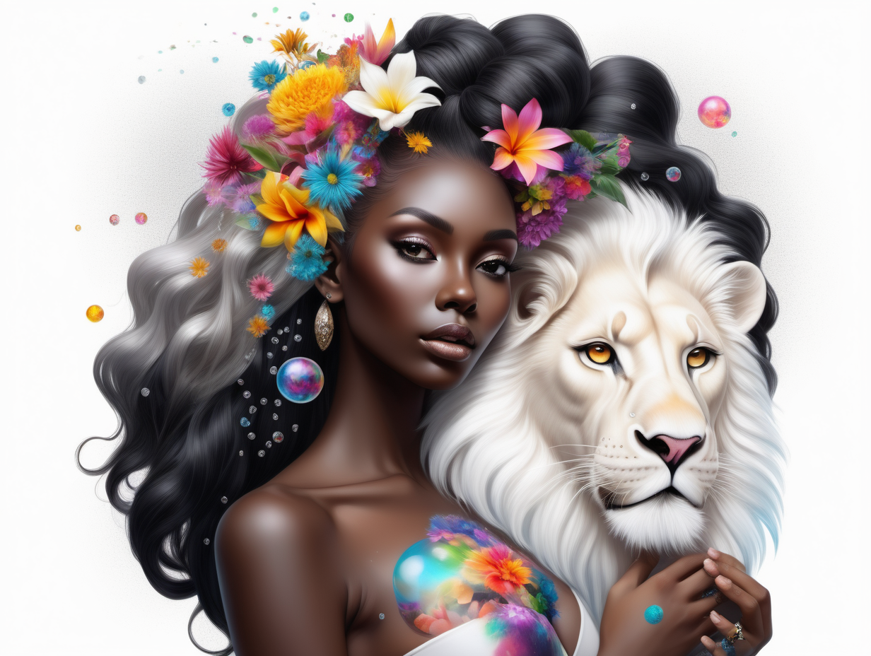 abstract exotic black Model with soft colorful flowers that blend into her hair. 
add She is holding a toy top
she is looking at realistic white 
lion
Add more crystal bubbles floating in the air
add tattoos