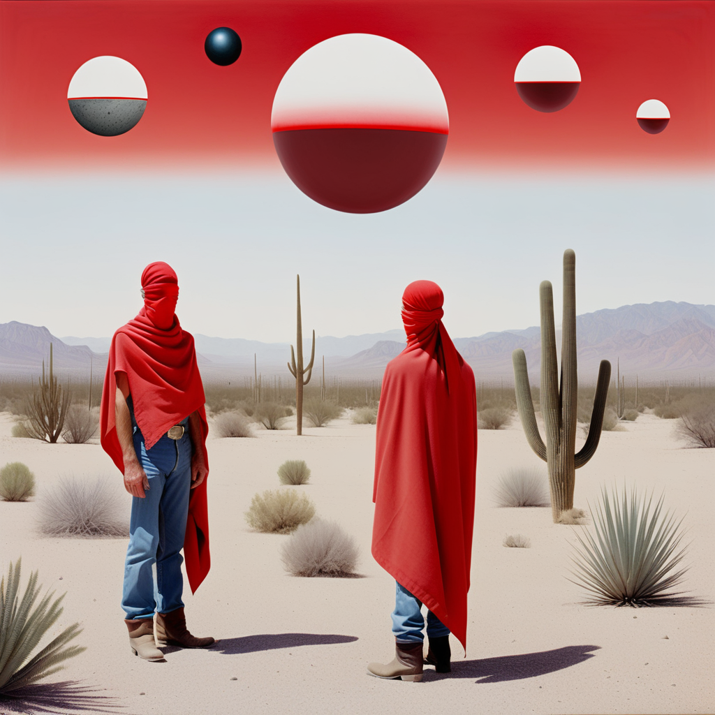 El Ruscha, desert, alien orbs, cowboys with red bandanas over face
