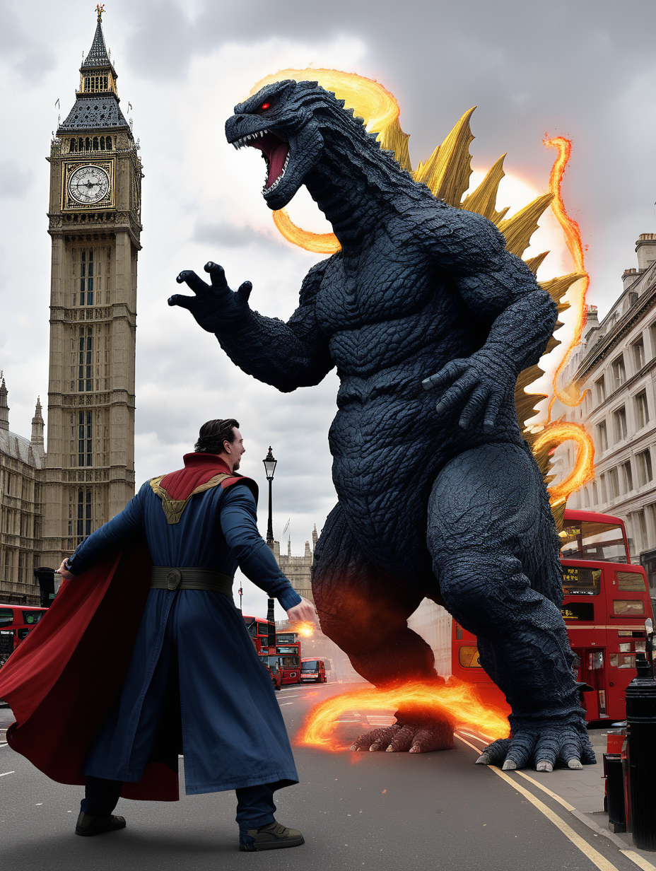 Godzilla fighting Doctor Strange in London
