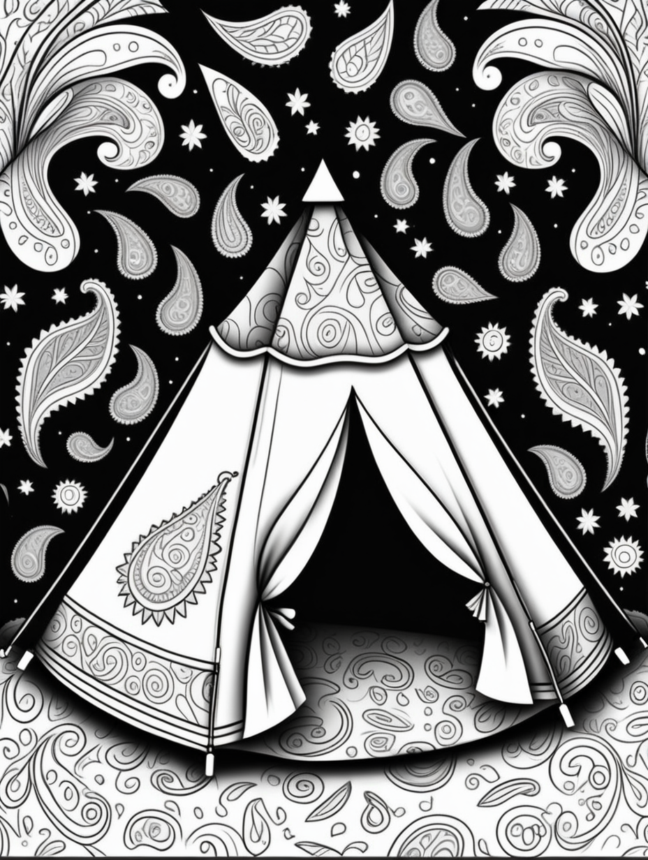 tent, paisley pattern background, children's coloring book page, cartoon style, clean line art, line art, coloring book, black and white, no color