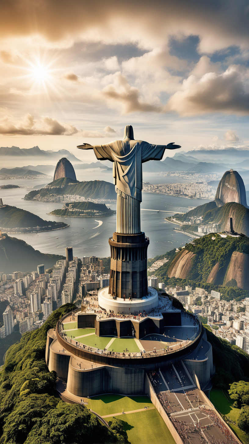 Imagine we're prompting, a beautiful trivia background centered around the iconic Christ the Redeemer statue. Capture the details of this monumental world wonder using a high-quality camera model and lens. Illuminate the scene with balanced and natural lighting, ensuring a universally usable and visually appealing composition for a captivating geography trivia backdrop.