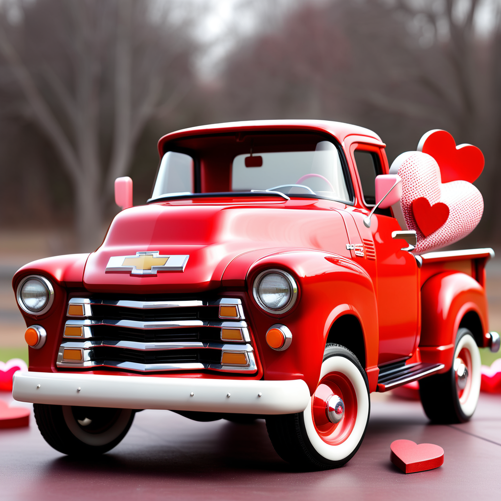 A red vintage chevy pickup truck with a valentines theme.
