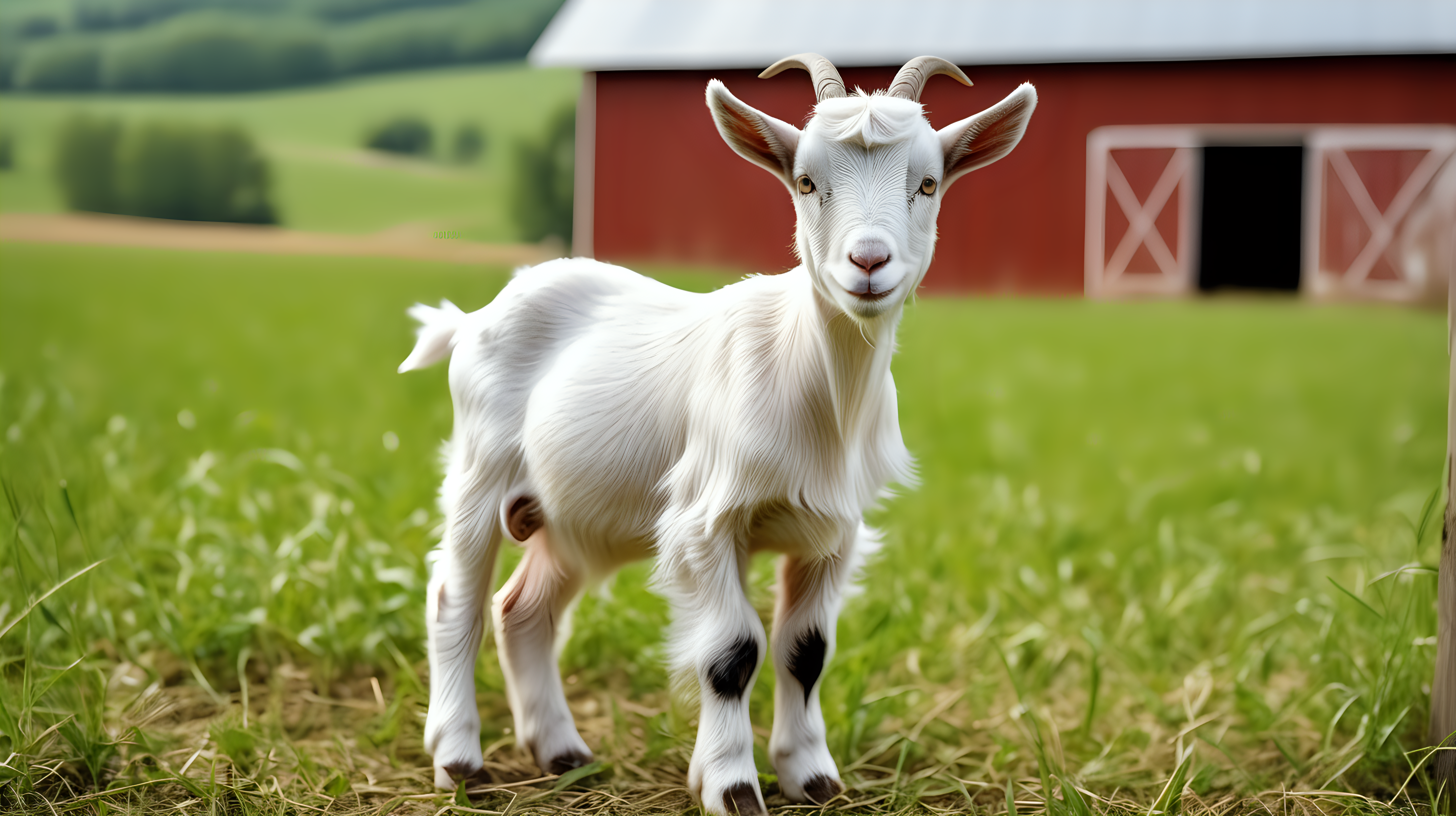 little goat in feild, farm barn background, isolated on background
