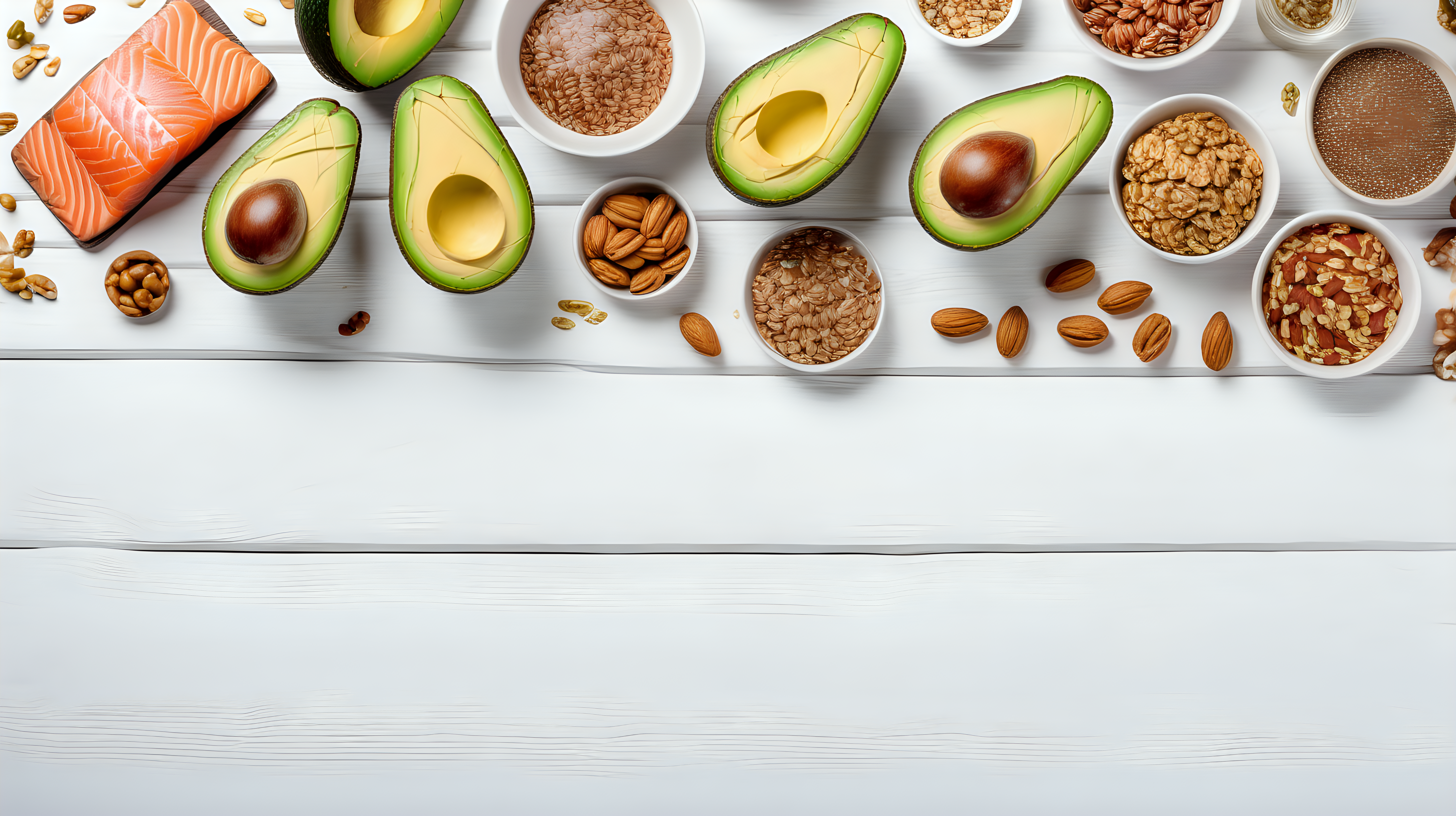 Sources of omega 3 fatty acids, flaxseeds, avocado, salmon and walnuts on white wooden table, copy space