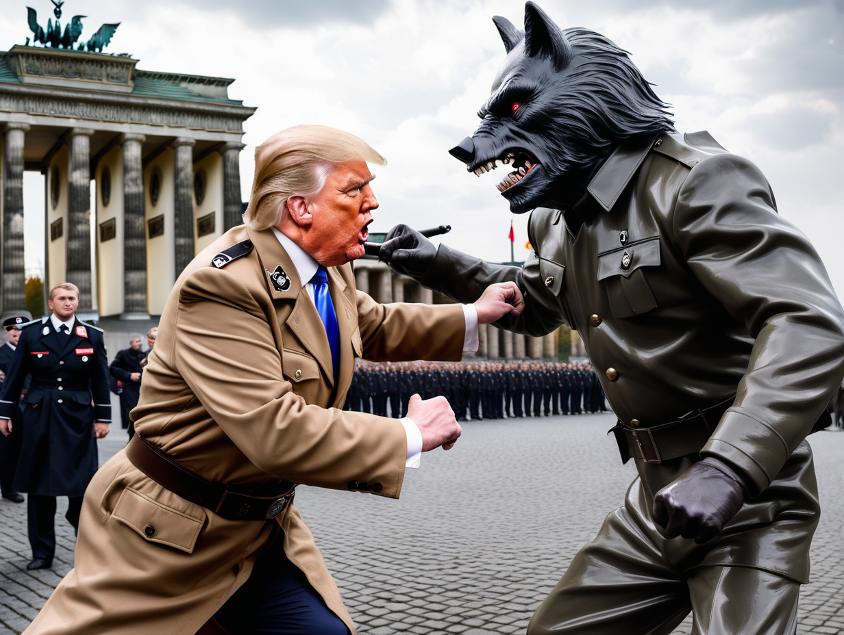 Donald Trump in a Nazi uniform fighting the wolfman in Berlin