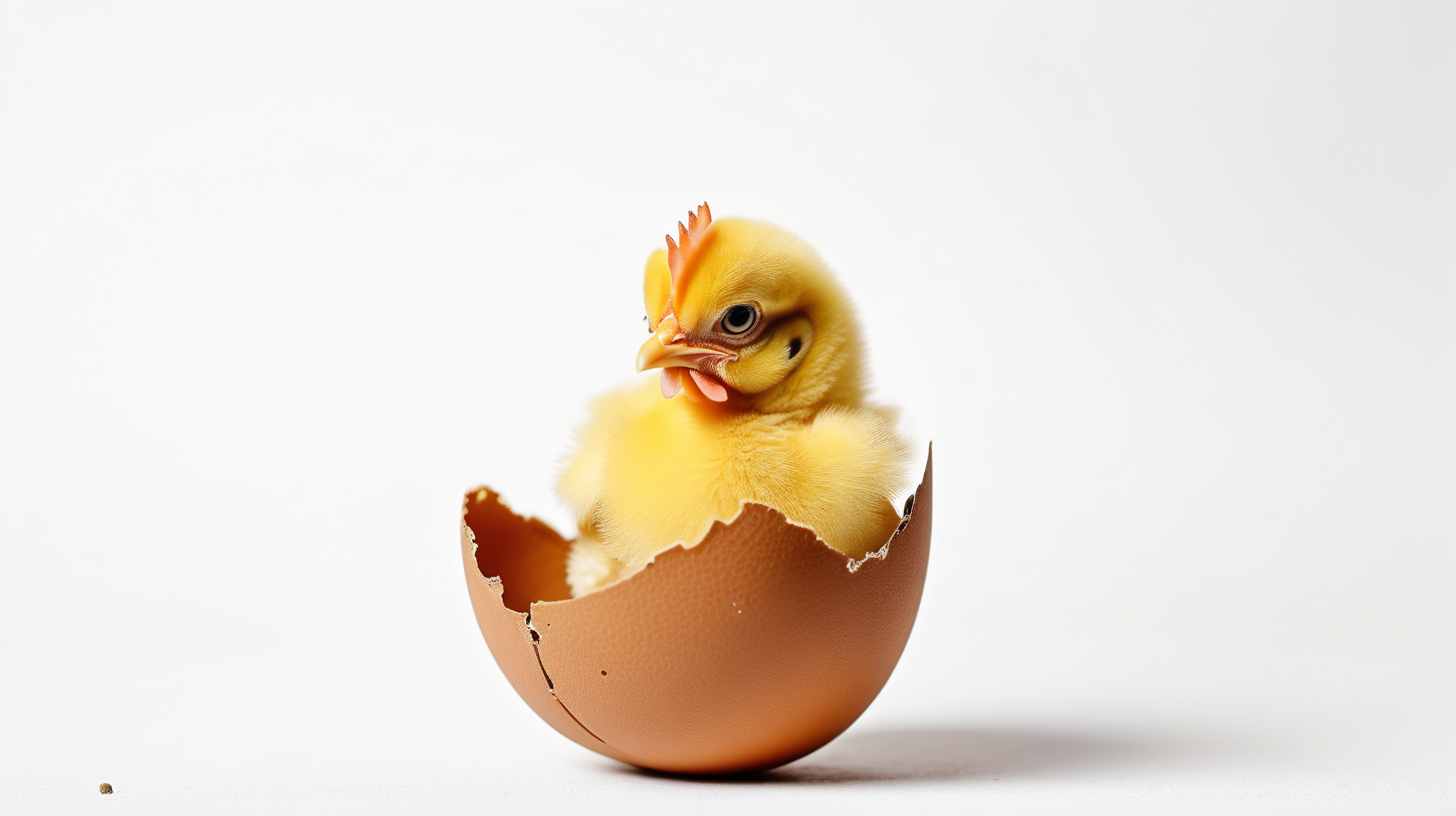small yellow chicken in a brown egg shell on a white background, copy space