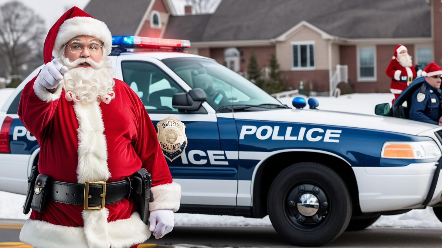 Santa Claus police officer with patrol vehicle in