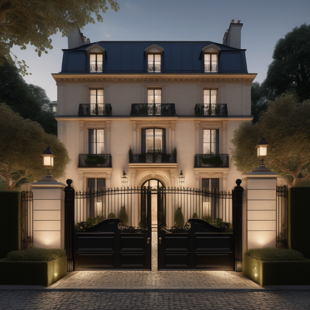 a hyperrealistic of an elegant Modern Parisian estate