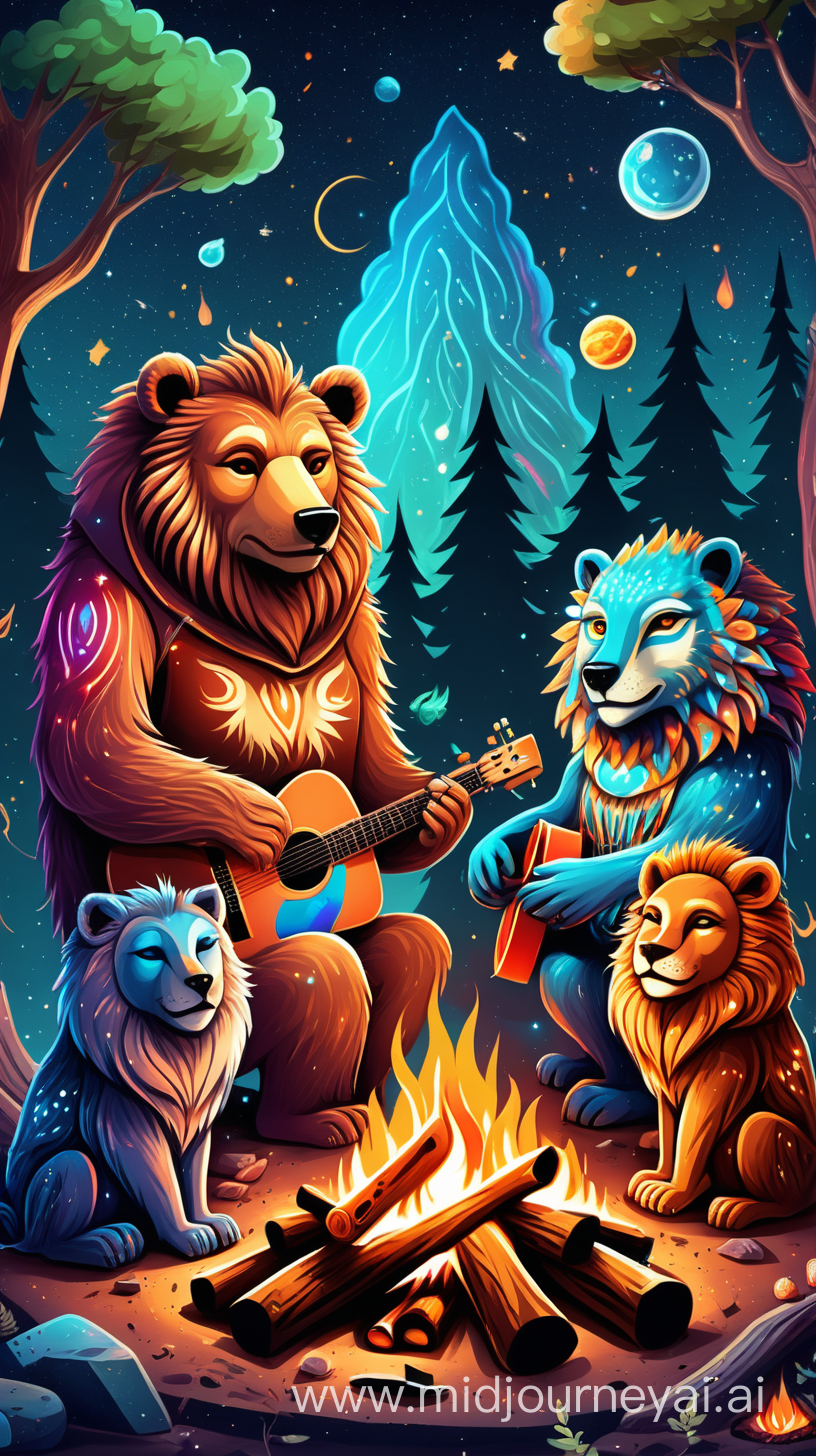 COSMIC GALACTIC FOREST ANIMALS  BEAR OWL WOLF AND COSMIC LION ENJOYING MUSIC AROUND A CAMPFIRE