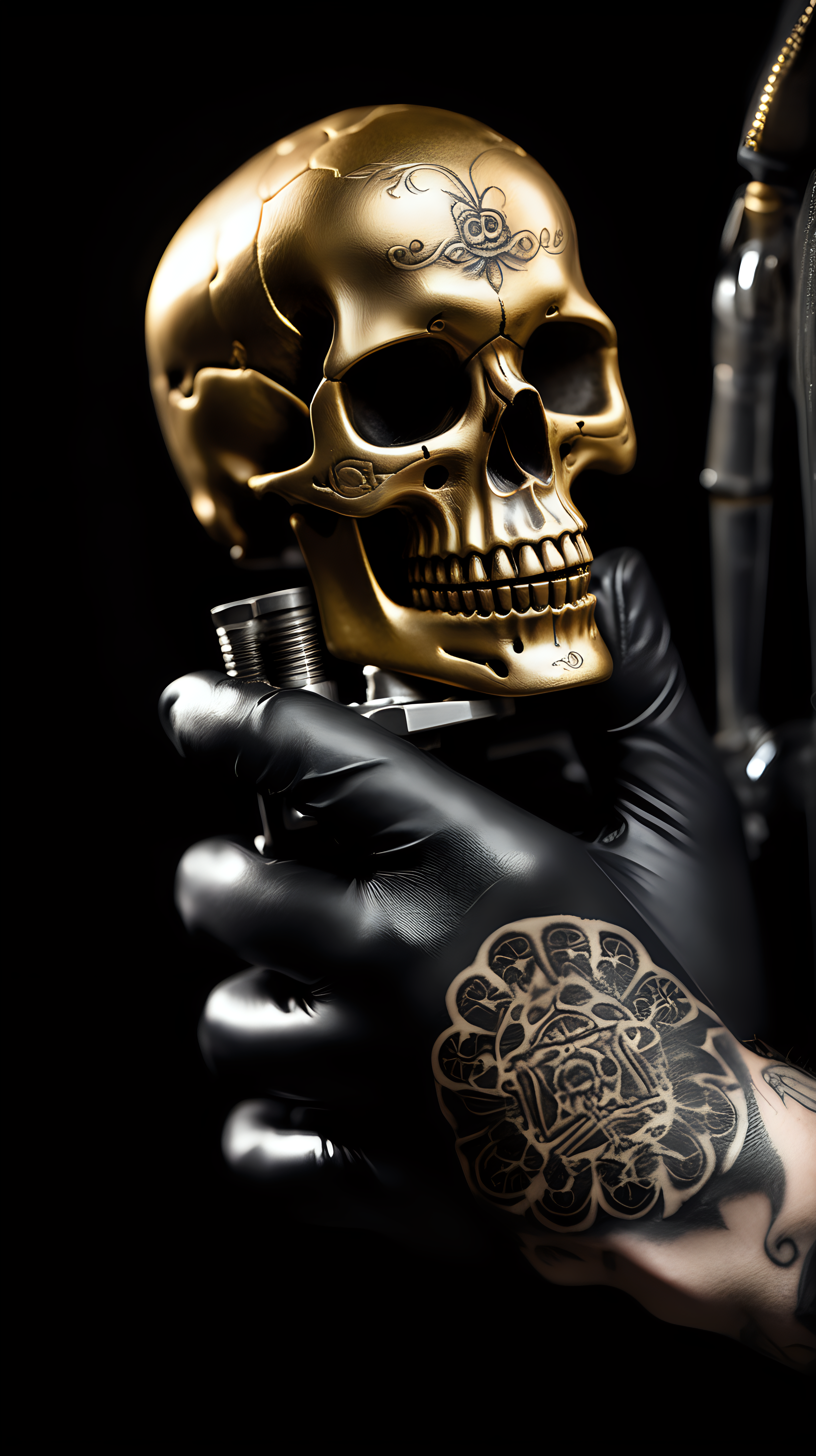 /imagine prompt : An ultra-realistic photograph captured with a canon 5d mark III camera, equipped with an macro lens at F 5.8 aperture setting, capturing a vintage tattoo machine ,The pattern of the skull is engraved on it's golden grip , placed in the hand wearing black nitrile gloves.
the hand is blurred and the focus sets on tattoogun's grip.
Soft spot light gracefully illuminates the subject and golden grip is shining. The background is absolutely black , highlighting the subject.
The image, shot in high resolution and a 16:9 aspect ratio, captures the subject’s  with stunning realism –ar 9:16 –v 5.2 –style raw
