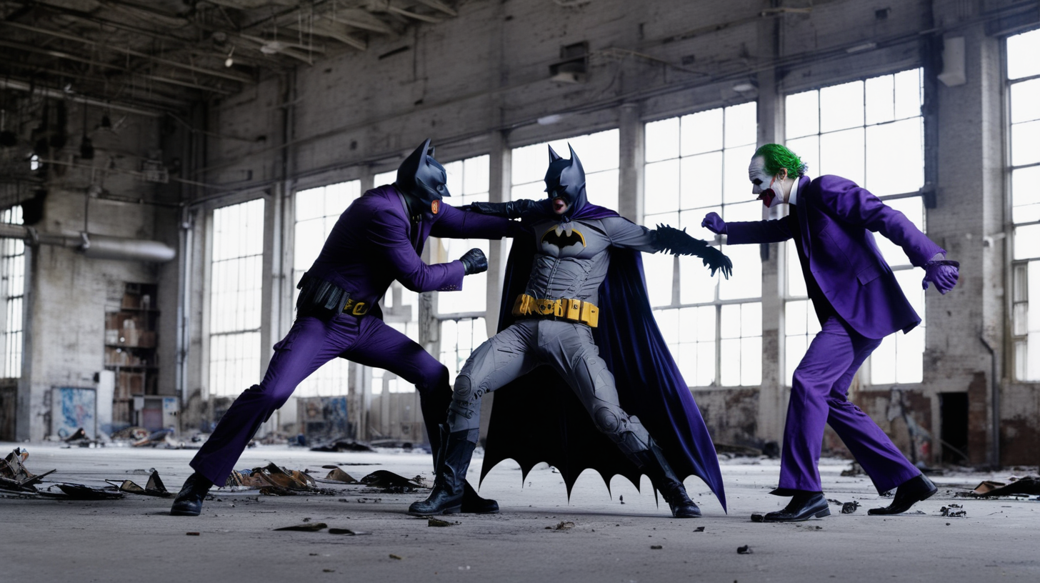 Batman fights the joker in an abandon factory