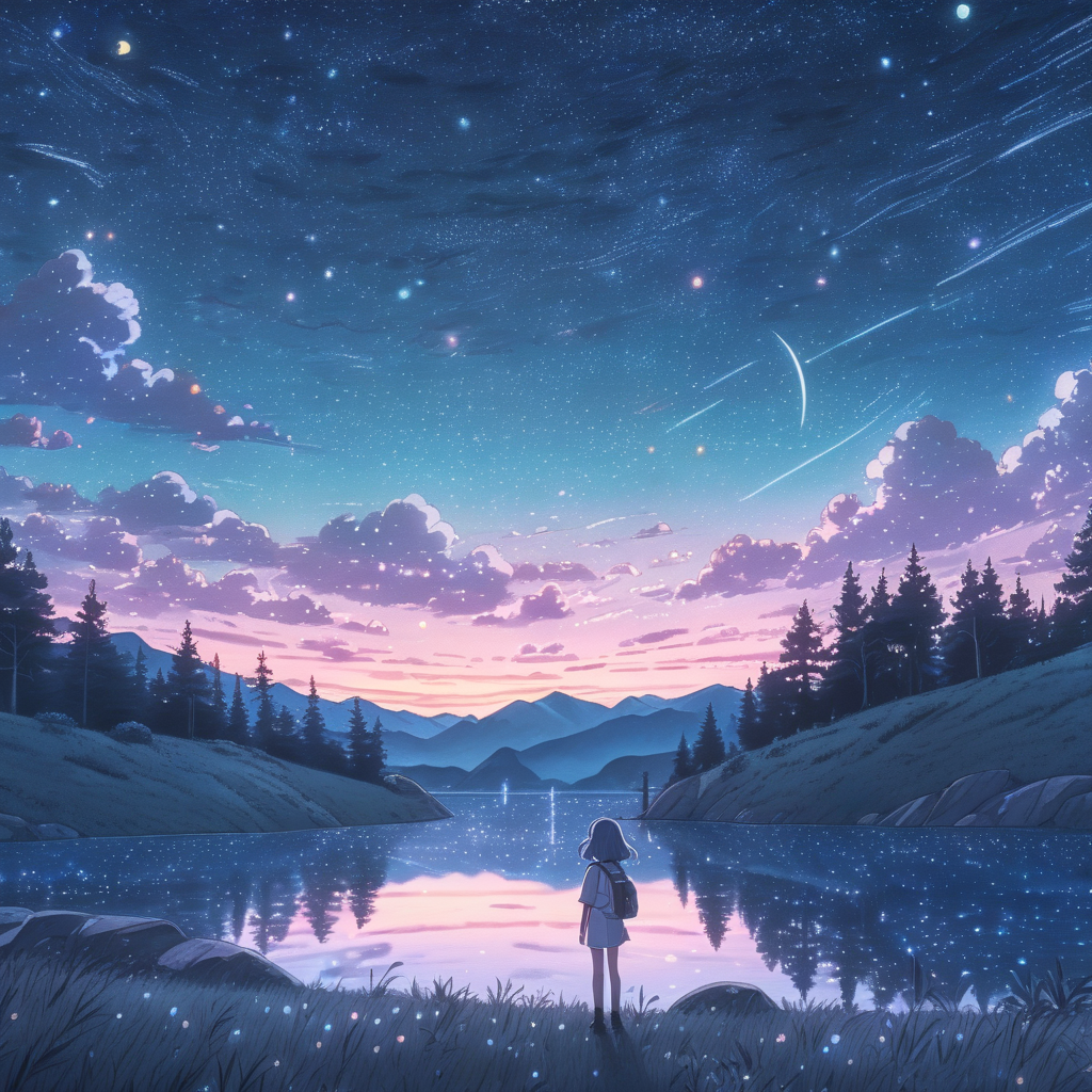 beautiful starry sky at dusk, handdrawn, anime, lofi, pastel, cinematic, nostalgic