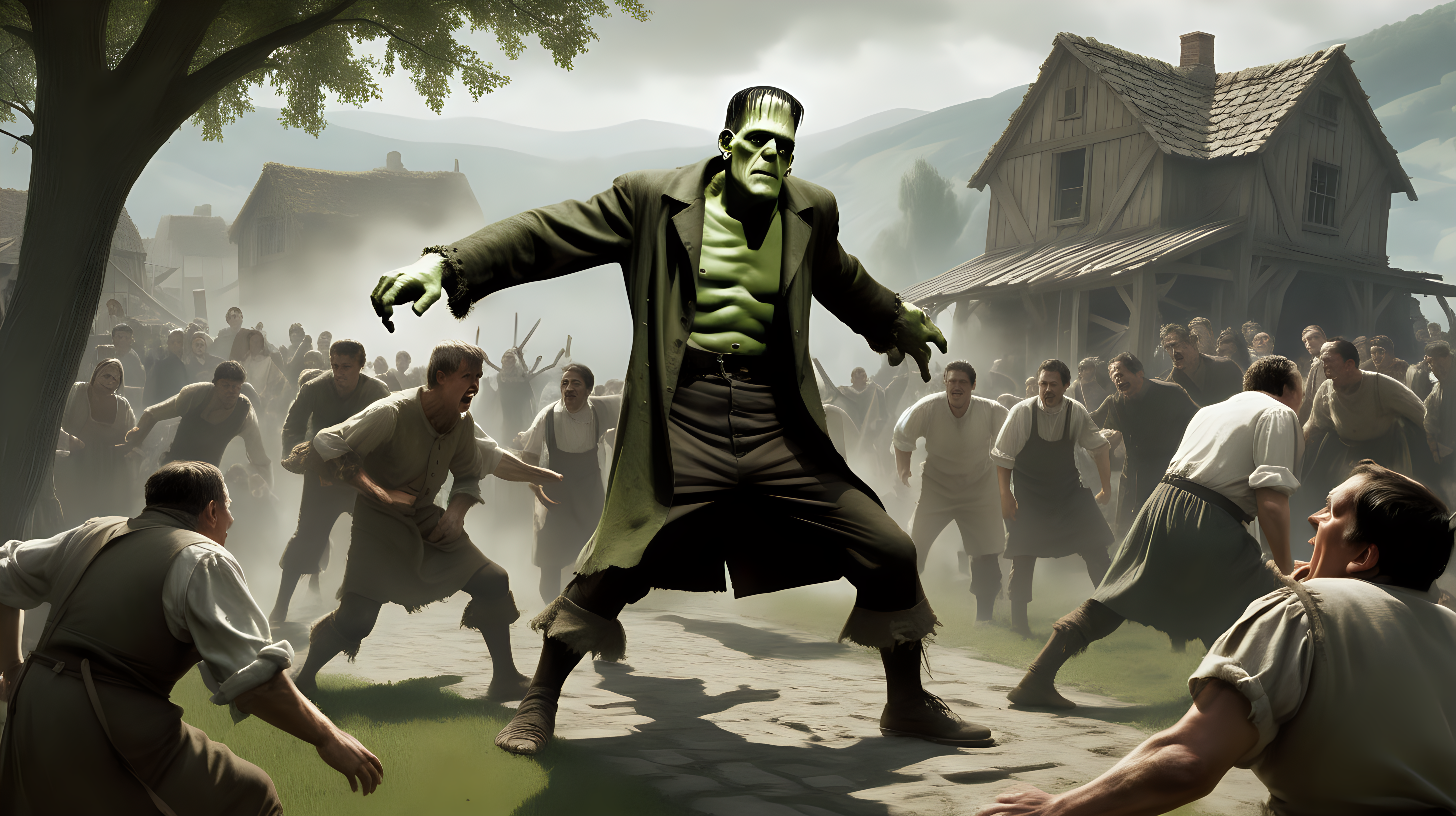 Frankenstein attacking villagers