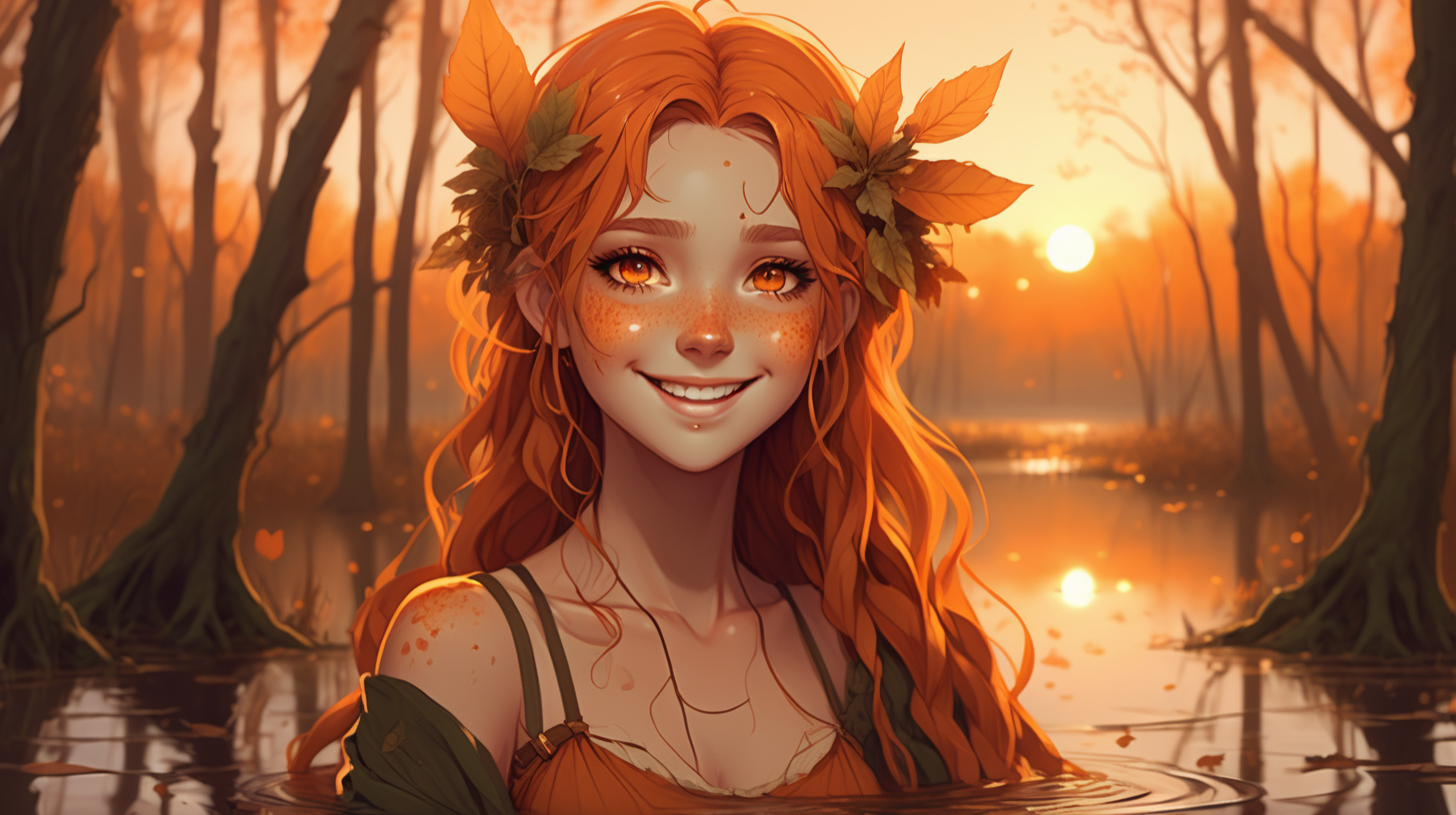 Orange sunset themed beautiful cute comforting shy dryad waifu in an autumn swamp smiling freckles amber eyes majestic happiness
