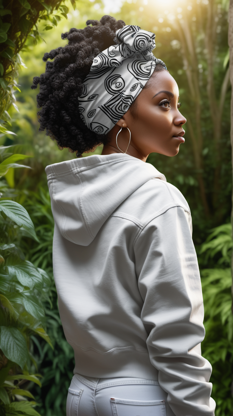 A beautiful, young Black woman, wearing curly black hair, wearing an anfrican print head wrap, standing against a lush garden background, Facing away from the camera, wearing a white, denim jacket, wearing a Heather Grey, hooded sweatshirt, lighting is over the left shoulder, from behind, pointing down ultra 4k render, high definition, deep shadows