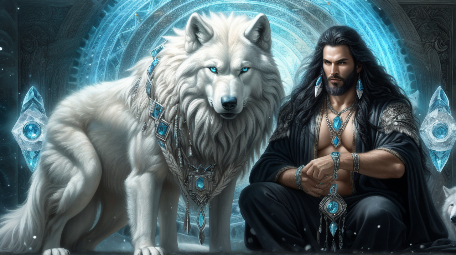 Powerful man with wolf huge white wolf powerful
