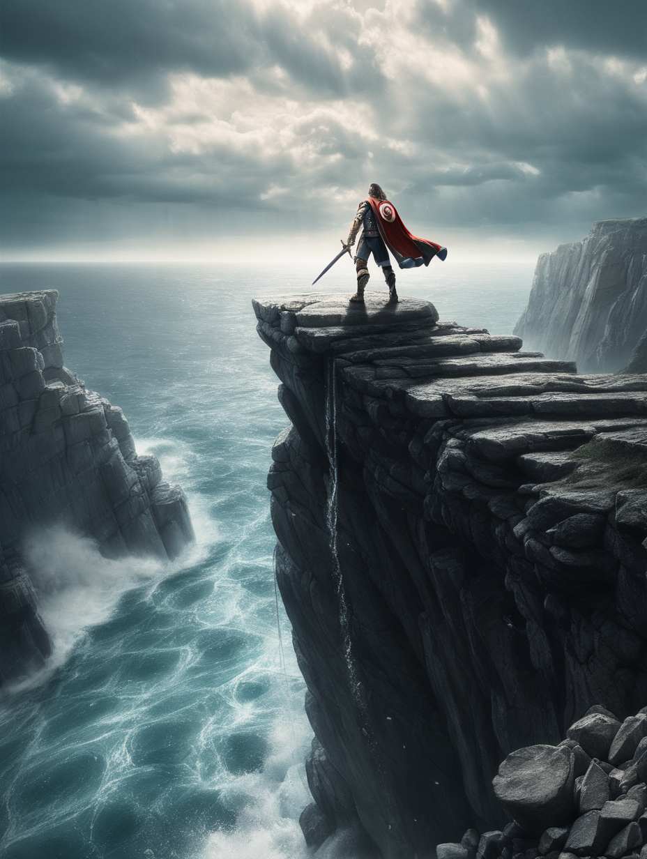 A hero standing on a cliff above water