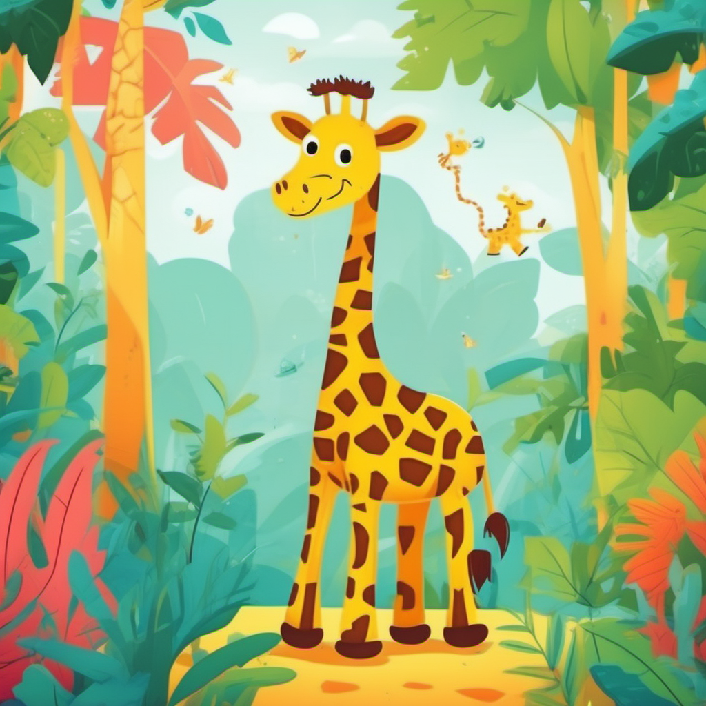 /imagine kids illustration, Giraffe rex in a jungle, cartoon style, Thick Lines, low details, vivid color --ar 9:11