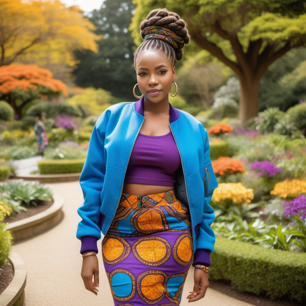 Attractive African woman, wearing braided hair, wearing an African print Skirt, wearing a cerulean blue Wool, waist length, bomber, with African print material in various areas of the garment, wearing a purple, knit dress shirt, wearing cream colored denim with African print material  inside the pockets,  Vibrant images that represent African heritage, In a lush colorful botanical garden, looking to the left, 4k, high definition, high resolution, sunny day light source from above center