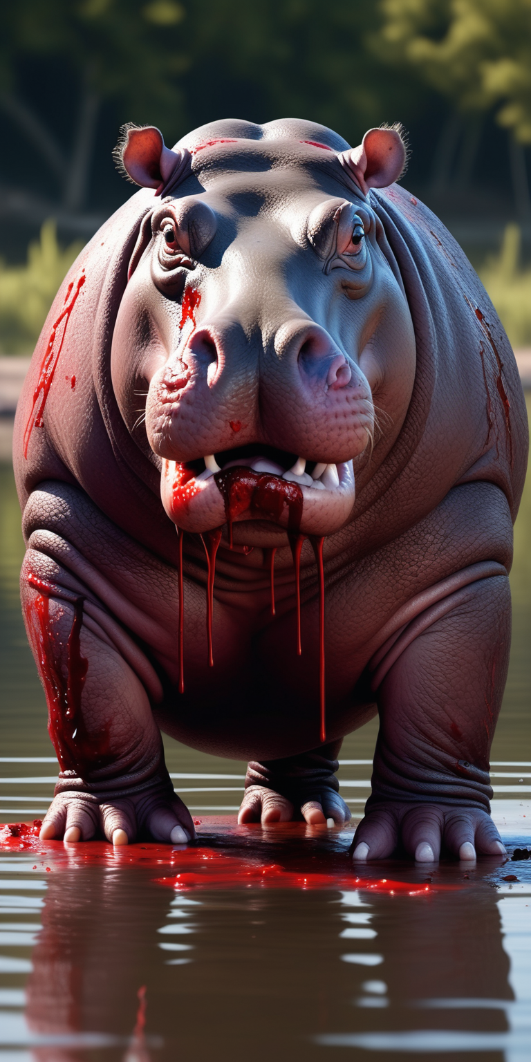 Realistic aggressive hippo covered in blood by a lake 