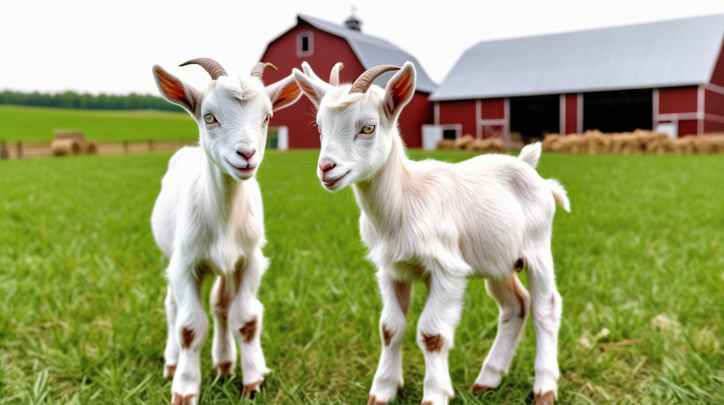 Two baby goat in field farm barn background