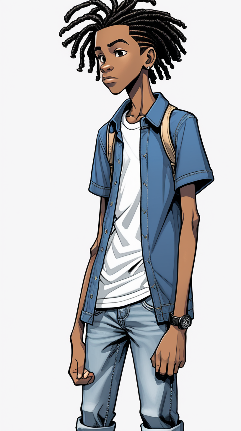 
comic-style 16-year-old black Jamaican teen boy who is tall, thin with short dreadlocks wearing a polo shirt with jeans standing side view. make background plain
