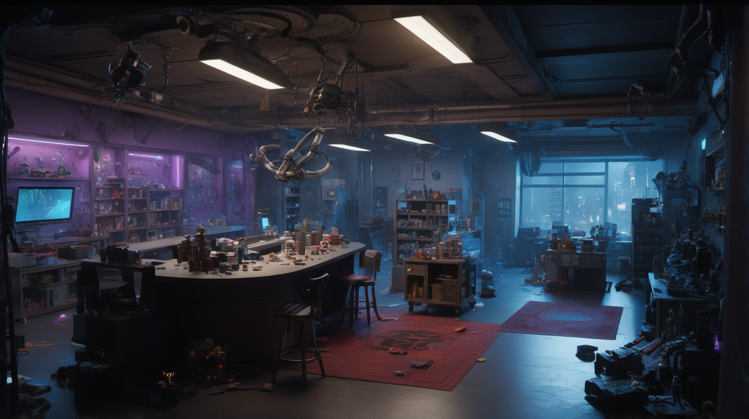 interior location of Arcane movie like VI and Jinx practice scene. Included Items, weapons and toys for jinx. There is a balcony overlooking the Arcane night city. There is a laboratory in the middle of the place. The ceiling of the place is high and spacious. There are also heavy weapons and missiles next to the place. The place is considered old and messy, but it is arranged in the Jinx way. The place took a circular shape.