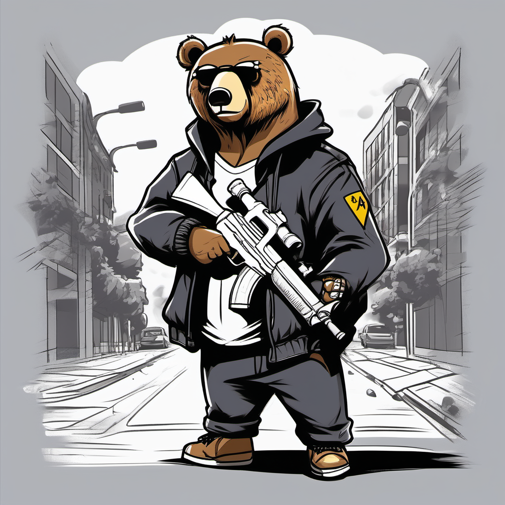 draw a street gangster bear wearing a backpack while holding an ak 47