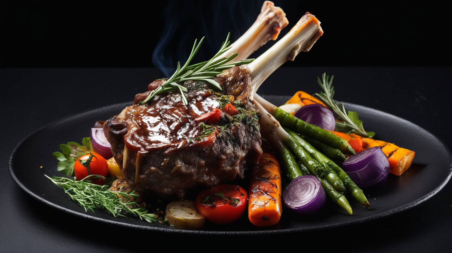 Grill lamb shank with herbs and vegetables, black background 
