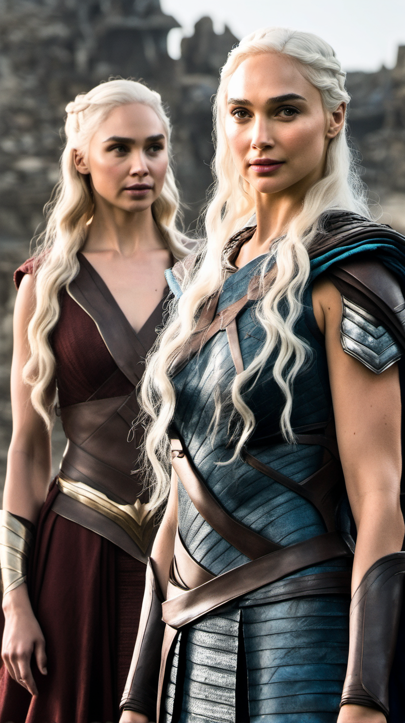 Gal Gadot, with long platinum blonde hair, standing beside Daenerys Targaryen