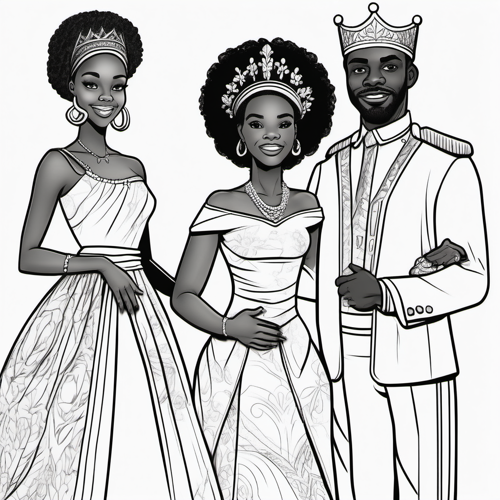 black and white, coloring page, African American mother, father teen daughters and toddler dressed in royal attire,  no background, no fills, no dither, no gradient on body or hair, no color on body or hair