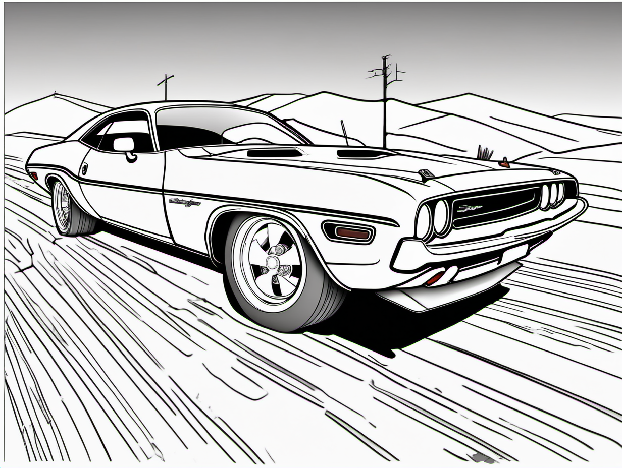 coloring page, classic American automobile,1970 Dodge Challenger, clean line art, no shade