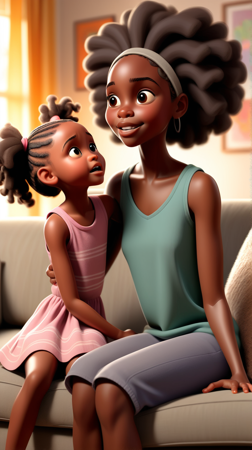 5-year-old, african-american girl, mahkai, talking to her mommy, on the sofa, in a complete-livingroom-scene, children's-book illustration