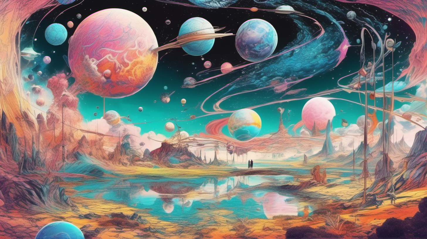 In anime manga style, a surreal fantastical landscape of a dream world in vivid colors, mixed with scenes of the universe similar to salvador dali and NASA