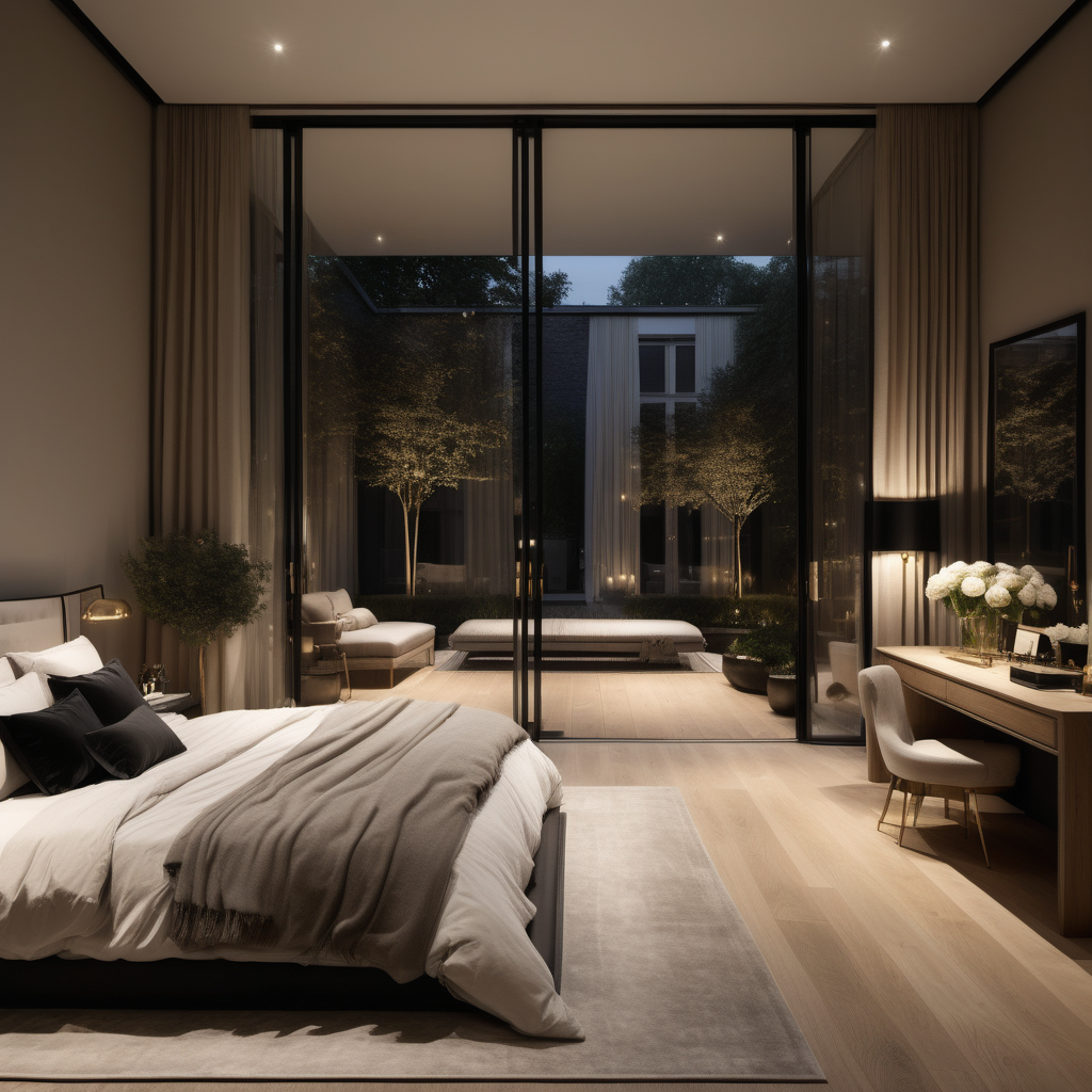 hyperrealistic of an elegant modern Parisian Master Bedroom at night with oak flooring; large glass doors overlooking the private courtyard with garden beds and limestone flooring; vanity table; kind bed; floor to ceiling windows ; curtains; mood lighting; beige, oak, brass and accents of black colour palette; modern brass pendant light --no neighbour houses
