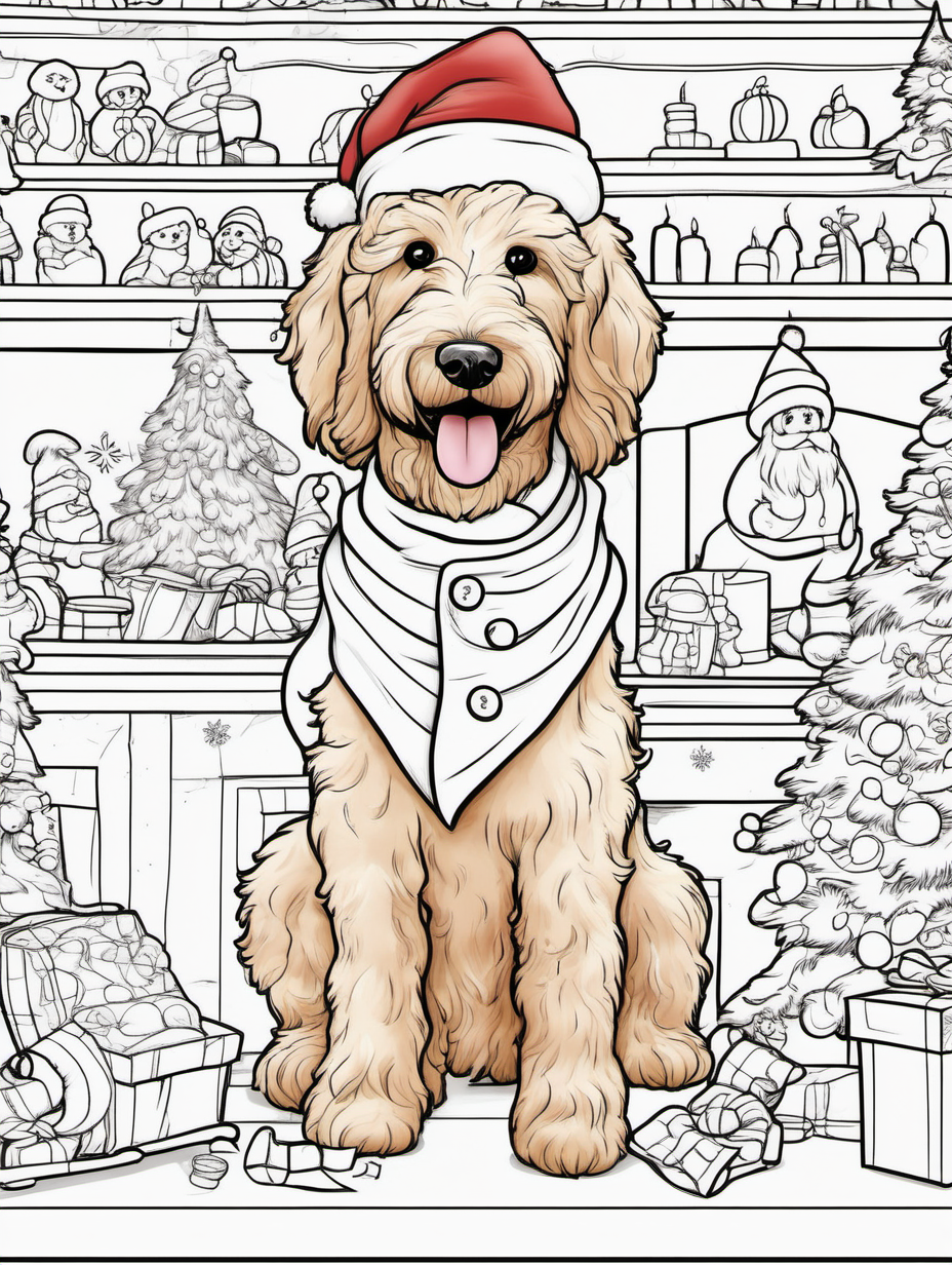 A cute smiling goldendoodle working in a whimsical