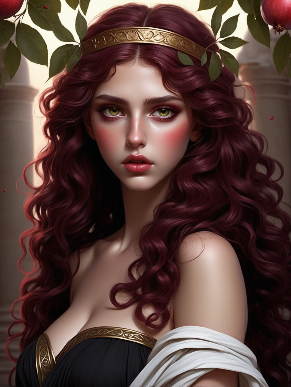 
a very beautiful greek goddess  wavy maroon hair heart shaped face perfect lips light olive colored eyes in a dark underworld pomegranates wearing a sexy black toga