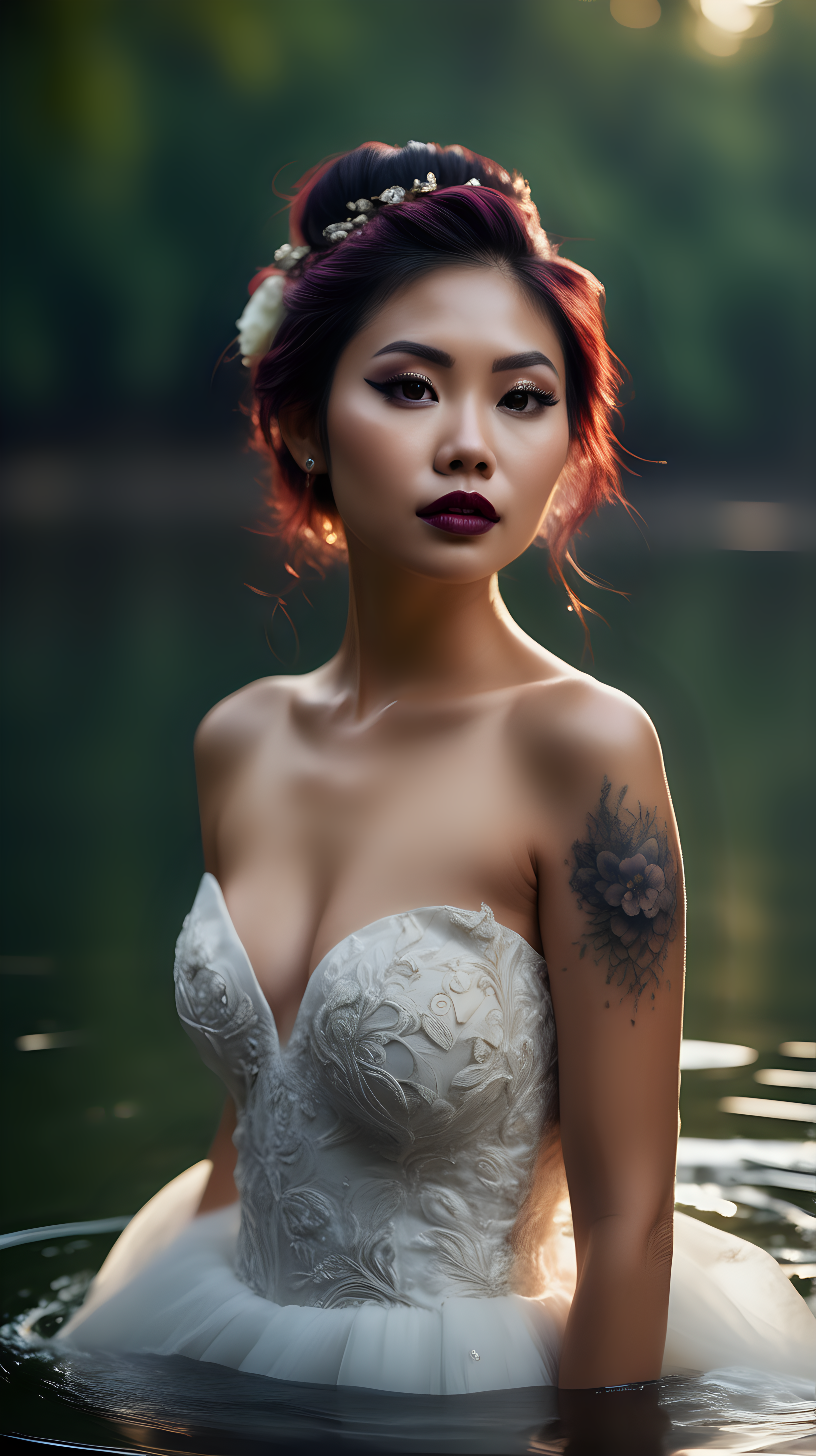 Beautiful Vietnamese woman, topless, body tattoos, dark eye shadow, dark lipstick, hair in a messy updo, wearing a gorgeous wedding dress, bokeh background, soft light on face, swiming waist deep in a lake in front of elaborate candlelit forest wedding, photorealistic, very high detail, extra wide photo
