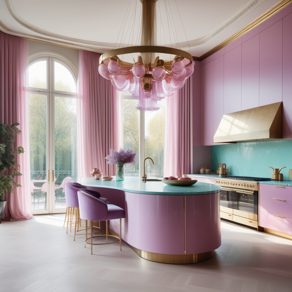 hyperrealistic image of large modern Parisian kitchen with island, floor to ceiling windows, curves, pink, aqua, lilac and brass colour palette, brass chandelier, sheer curtains