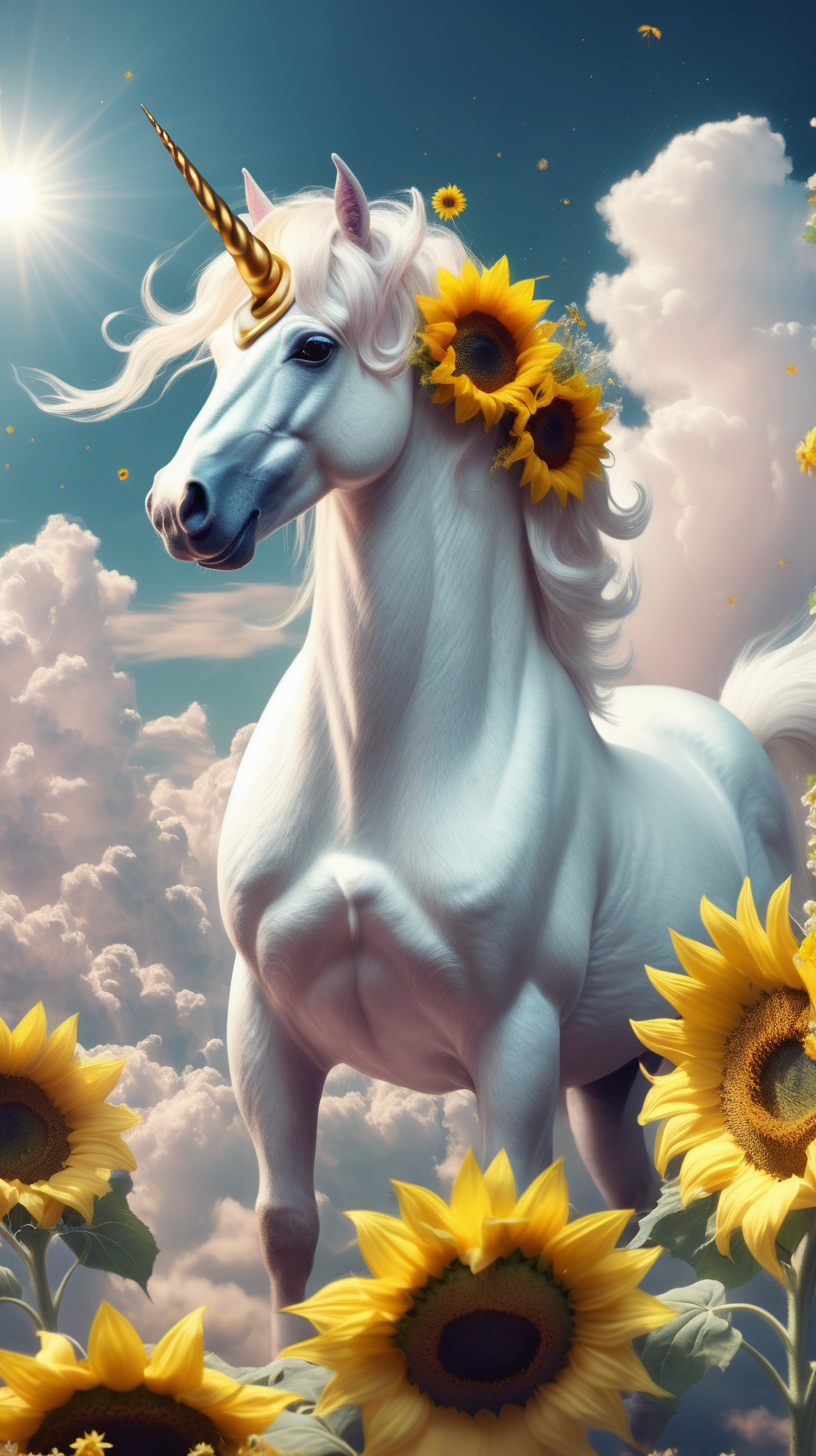 A fantasy unicorn on the clouds with sunflowers