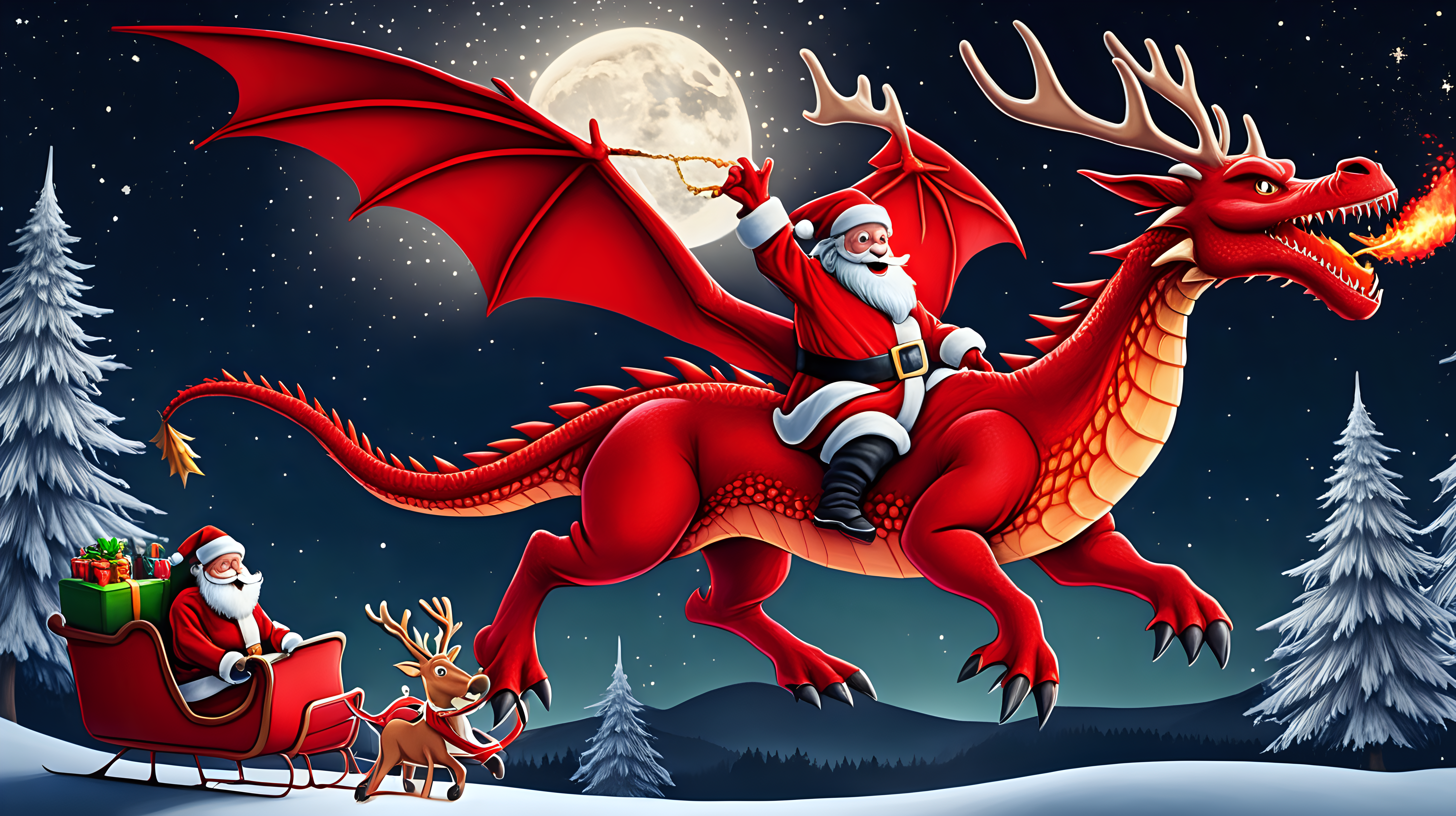 Red fire breathing dragon chasing Santa and his reindeer                                                in the night sky