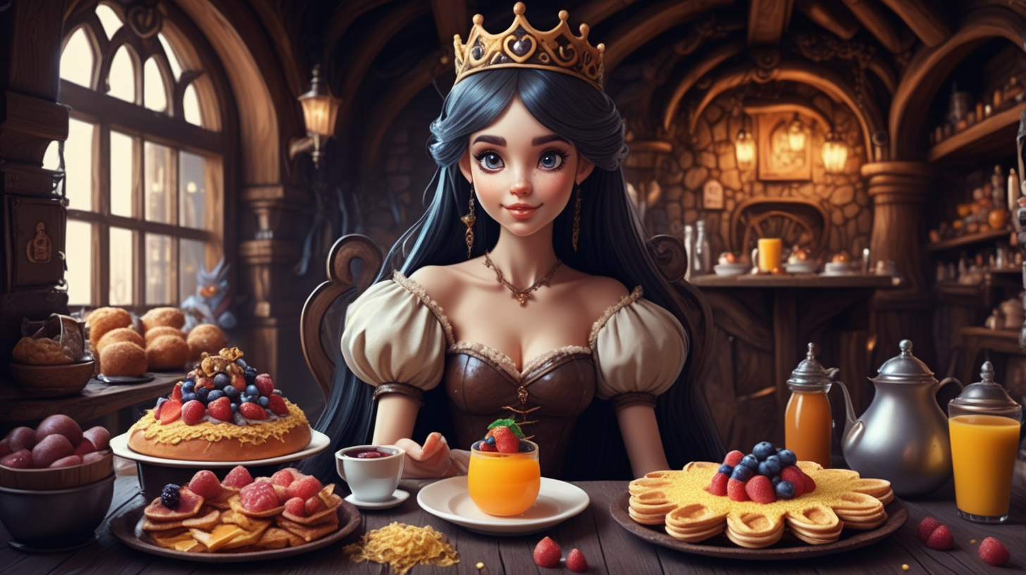 dark fantasy style cute beautiful Princess made of breakfast food in a fantasy style tavern having breakfast